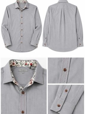 Ted Baker Light Grey Long-Sleeve Button-Down Shirt with Floral Collar